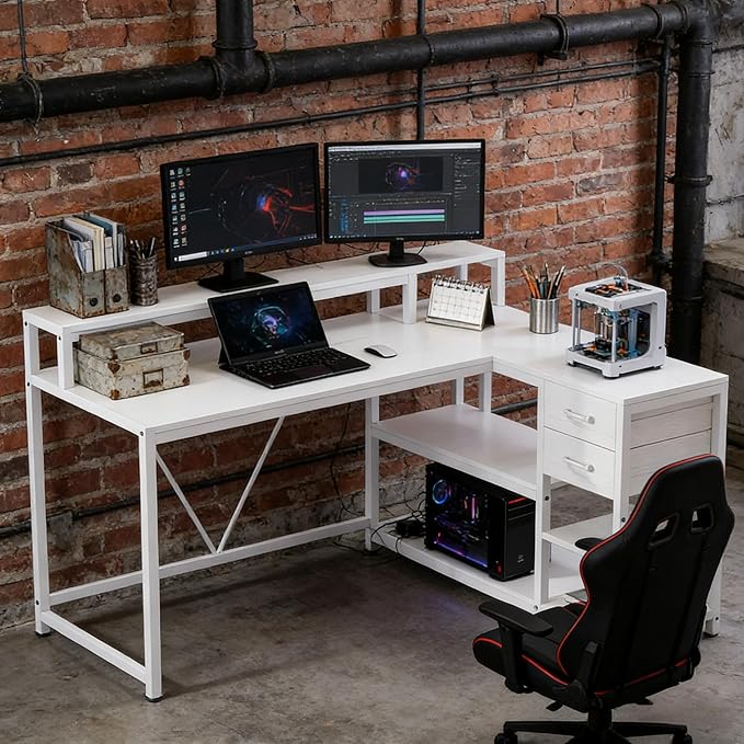 55 L Shaped Office Desk with Drawers &amp Storage Reversible Executive Office Desk with 4 Shelves Large Corner Computer Desk with Elevated Monitor Stand for Home Office Gaming (White)
