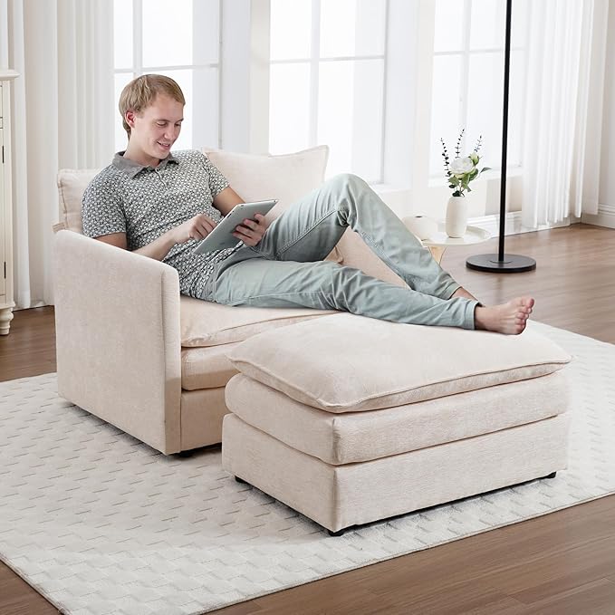 SLEERWAY Oversized Chair with Ottoman Set Modern Comfy Chenille Living Room Large Single Cloud Couch Accent Lounge Chair Indoor and A Half for Bedroom Office Apartment Beige