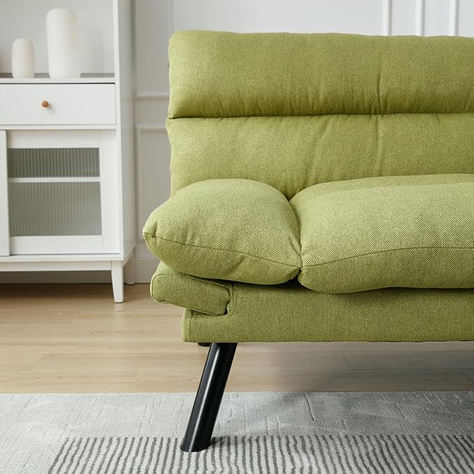 Convertible Futon Sofa Bed Linen Folding Loveseat Couch with Adjustable Backrest and Wooden LegsDouble Sleeper Sofa Couches for Small Spaces Living Rooms Apartment Office (Green)