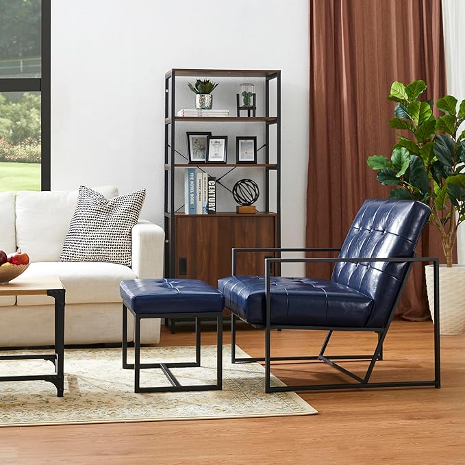 Glitzhome Accent Chairs with Ottoman Mid Century Modern Lounge Armchair with footrest with PU Leather &amp Metal Frame for Living Room Bedroom Apartment Office Navy Blue