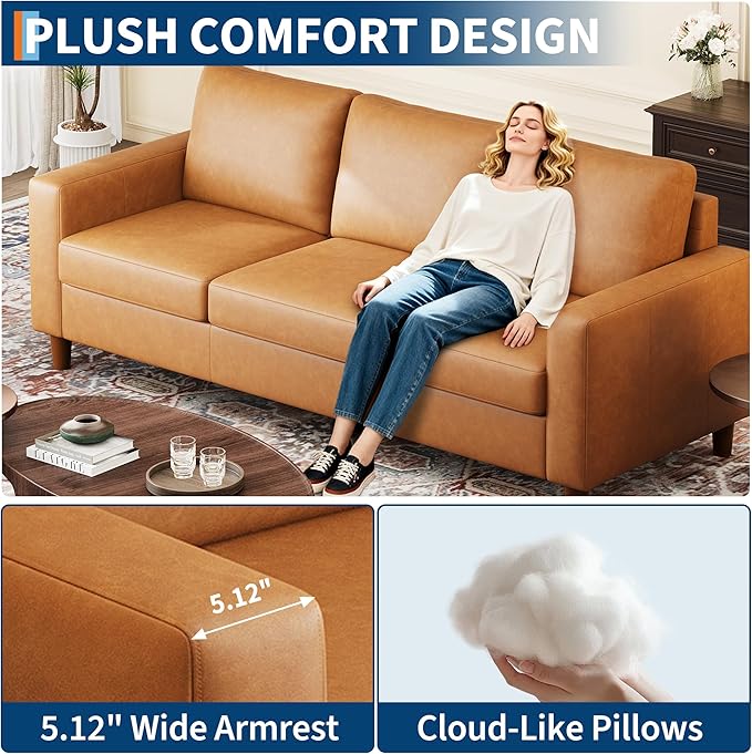 GarveeHome Pu Leather Sofa 85 Mid-Century Modern Couch 3-Seater Sofa with Wide Armrests and Comfy Cushions Deep Seat Leather Couch for Living Room Bedroom Office