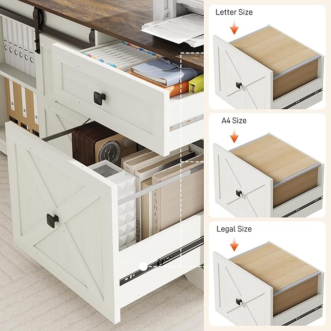 63 Farmhouse Electric Standing Desk Adjustable Height Sit Stand Corner Stand Desks L Shaped Standing Computer Desk with Power Outlets &amp Storage Drawers &amp Sliding Door for Home Office White