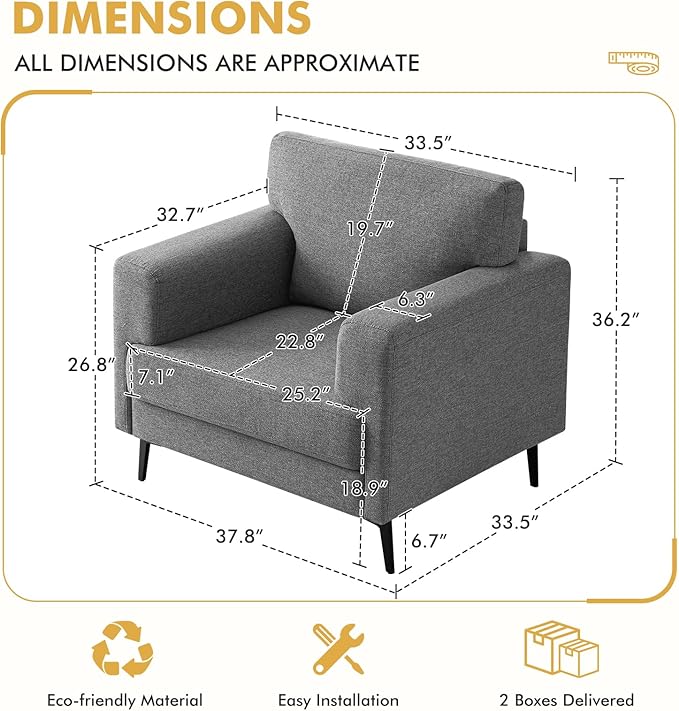 Oversized Accent Chair Upholstered Living Room Chairs Single Sofa Chair w/Metal Legs Comfy Linen Fabric Reading Lounge Armchair for Apartment Bedroom Office Dark Grey 1PC