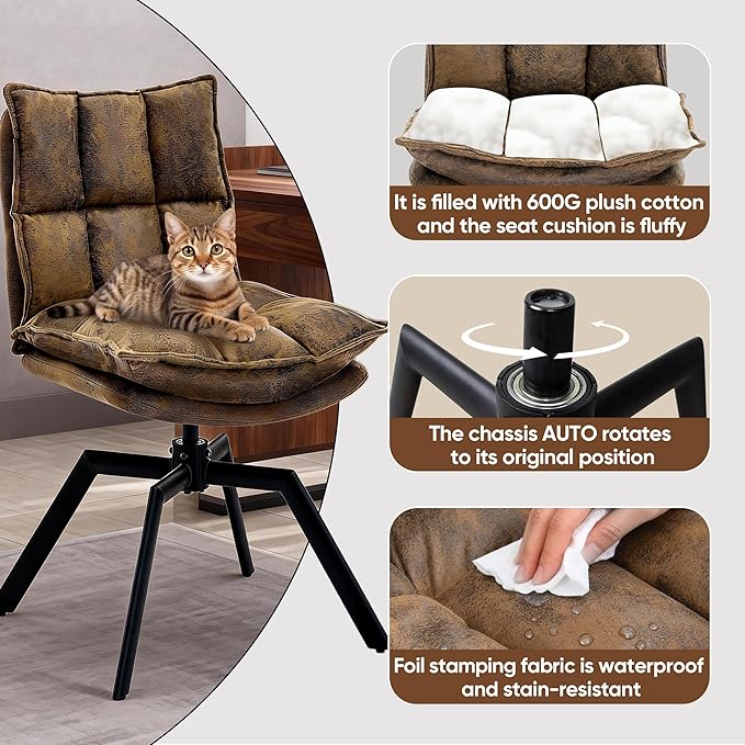 KEEZY Mid-Century Modern Accent Chair Set of 2 Cat-Scratch Leather Vanity Chair with 360° Auto Return Swivel High Density Padding &amp Metal Legs Ideal for BedroomLiving Room andHome Office（Brown
