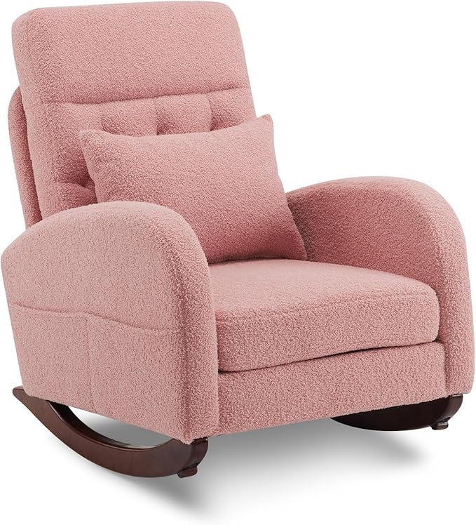 VINGLI Teddy Fleece Low Seat Rocking ChairBoucle Upholstered Nursery Glider Chair with Side PocketsAccent Arm Chair with High BackrestComfy Head RestSolid WoodFor Living Room Bedroom BalconyPink