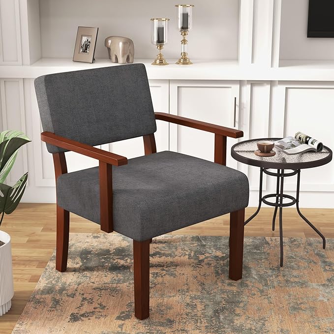 Giantex Mid Century Modern Accent Chair - Linen Living Room Arm Chair w/Soft Padded Seat &amp Backrest Rubber Wood Frame Upholstered Reading Chair for Living Room Bedroom Reception Grey