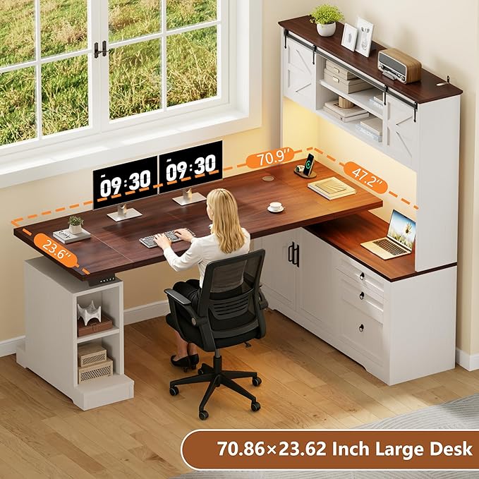 Farmhouse L Shaped Desk with Electric Height Adjustable 70.86 LED Gaming Desk w/Power Outlet Home Office Desk w/Storage Cabinet &amp Sliding Door Executive Desk w/File Drawer White &amp Brown