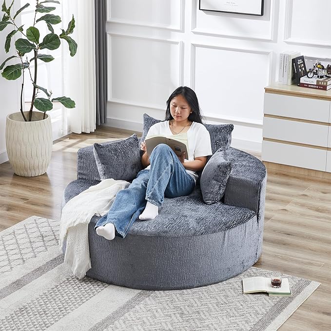 Oversized Round Chaise Lounge Chair Indoor 55W Circle Comfy Armchair with Deep Seat Floor Cloud Boneless Chair Upholstered Modern Cozy Sofa Chairs for Living Room Bedroom(Chenille Grey)