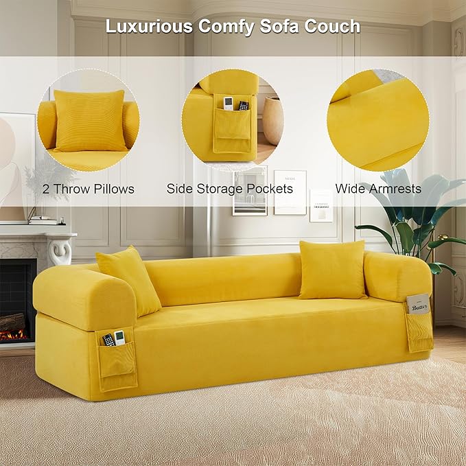 3-Seater Floor Sofa in A Box No Assembly Floor Boneless Couch Comfy Small Sofa Corduroy Couch with 2 Cushion Pillows &amp Armrest &amp Side Storage Pockets for Living Room Apartment Yellow