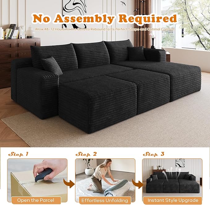 94 Corduroy Upholstered Boneless Couches with Chaise/2 Ottoman Oversized Modular Sectional Sofa with Deep Seat Cloud Sectional Fluffy Couches for Living Room No Assembly Required (Black) | Removab
