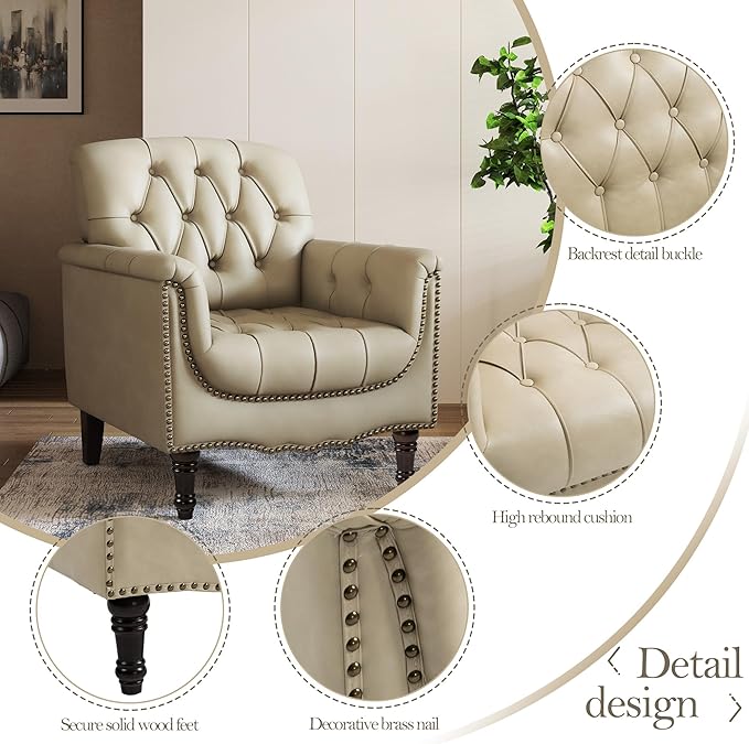 Pia Ricco Modern Tufted Accent Chair Single Faux Leather Armchair with Nailhead Trim &amp Wood Legs Comfortable Upholstered Seat for Living Room Office - Beige