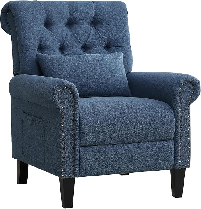 Pushback Recliner Chair Accent Push Back Chair with Adjustable Footrest Upholstered Linen Fabric Reclining Sofa with Side Pocket Comfy Modern Armchair for Living Room Navy Blue