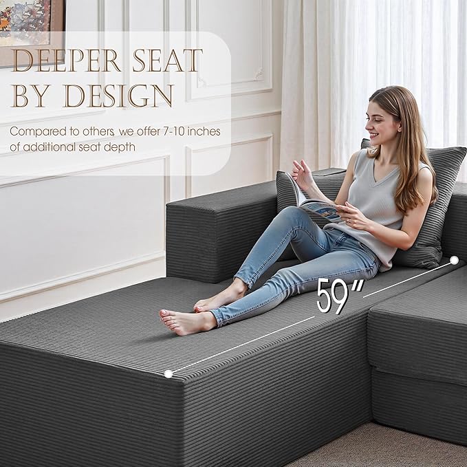 YINIX 106 Modular Sectional Sofa Modern Cloud Couch with L-Shape Chaise Upholstered Boneless Couches with Deep Seat Comfy Corduroy Sofa for Living Room Bedroom No Assembly (Grey)