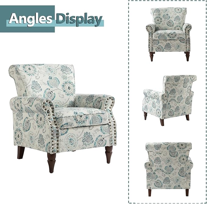HULALA HOME Modern Wingback Accent Chair with Wood Legs &amp Removable Cushion Comfy Upholstered Armchair with Nailhead Trim Floral Pattern Single Sofa Chair for Living Room Bedroom Medallion