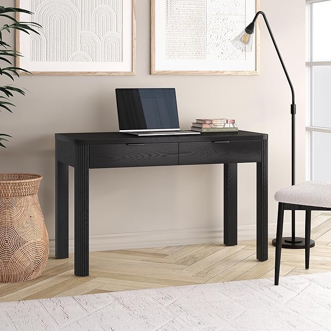Henn&ampHart 48 Fluted Modern Rectangular Wooden Home Office Desk Computer Desk Writing Table with Ribbed Legs and 2 Storage Drawers for Bedroom Living Room or Home Office Natural Black