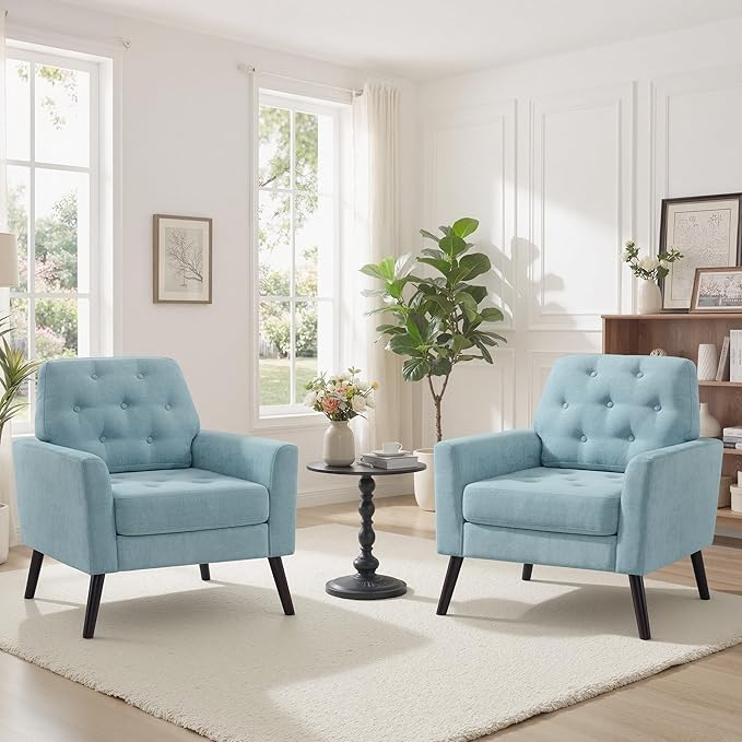 Accent Chair for Living Room Mid Century Modern Reading Chair Upholstered Armchair with Tufted Back &amp Wood Legs Single Sofa Side Chair for Bedroom Small Room Office Apartment Teal Green
