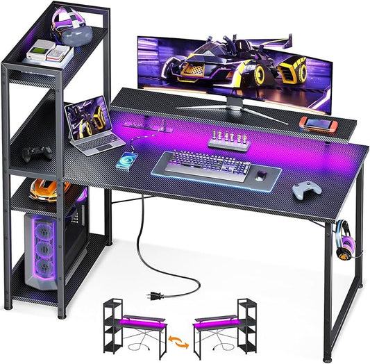 ODK Reversible Gaming Desk with Power Outlets and LED Lights 48 Inch Computer Desk with Storage Shelves and Monitor Stand Modern Writing Study Desk for Home Office Carbon Fiber Black