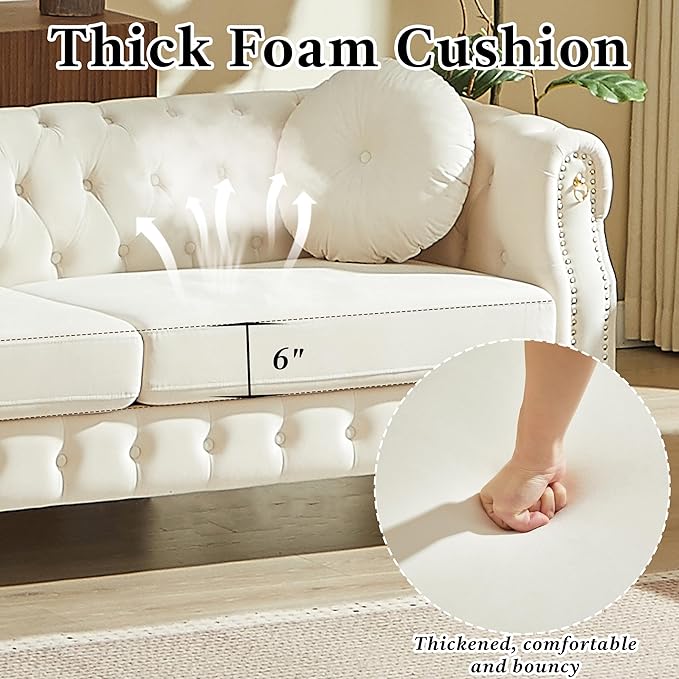 2 Pieces Beige Velvet Chesterfield 82 3-Seater Sofa Sets with Two Pillows Featuring Copper Stud Detailing (Beige 2 Pieces 82 3-Seater Sofa Sets)
