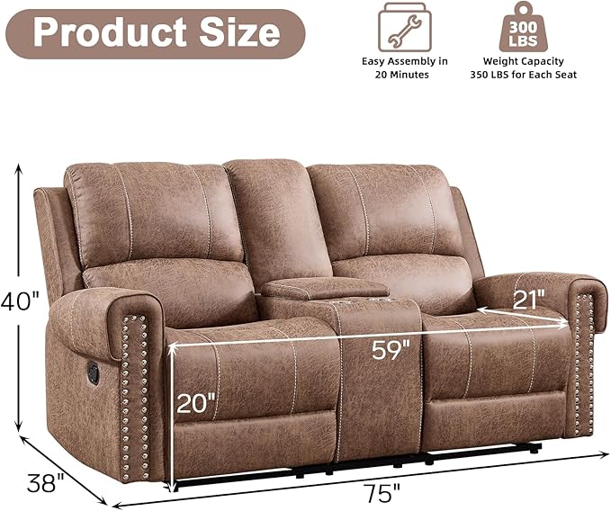 EBELLO Manual Reclining Loveseat Faux Leather Dual Double Recliner Sofa with Center Console Hidden Storage &amp Cup Holders Vintage Rivet Mid-Century Modern Design for Living Room Brown