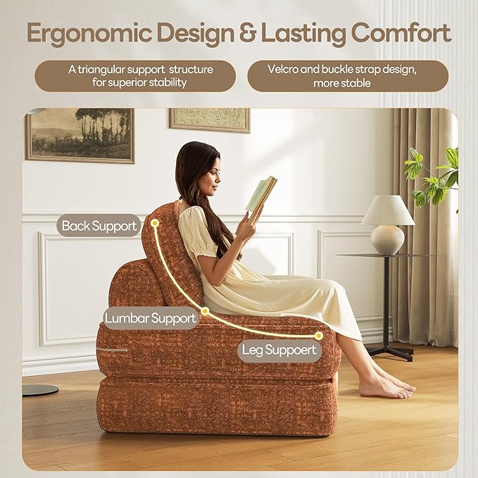 Dowinx Folding Sofa Bed with Pillow Convertible Comfy Couch Bed for Adults Home Lounge and Gaming Modern Comfortable Design for Apartment Living Room Bedroom Single Smooth Velvet Amber Brown