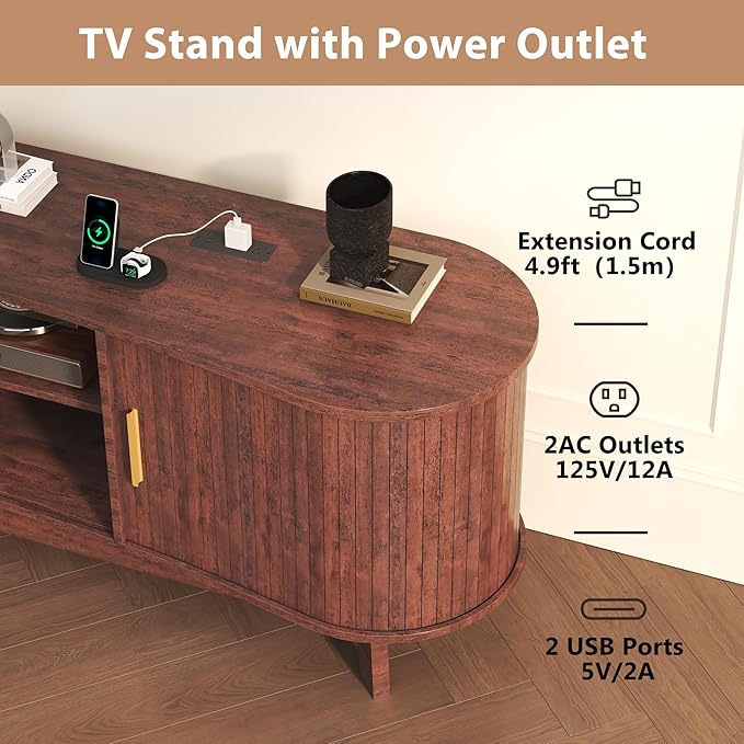 Mid-Century Modern TV Consoles with Sliding Doors 59.4 Fluted TV Stand with Power Outlet and Open Shelves Entertainment Center for Living Room Bedroom Red Brown