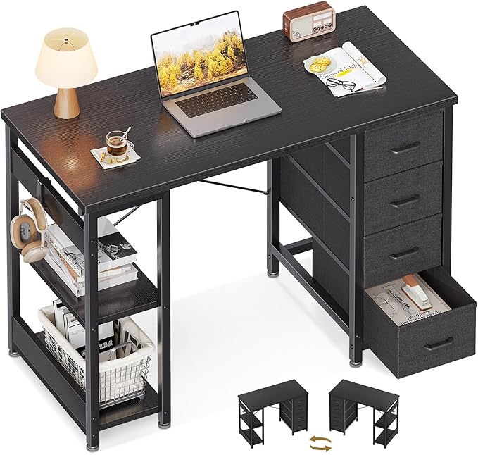 ODK 40 Inch Small Computer Desk with 4 Fabric Drawers Modern Writing PC Desk for Small Spaces Study &amp Home Office Desk with Storage Shelves Black