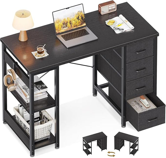 ODK 40 Inch Small Computer Desk with 4 Fabric Drawers Modern Writing PC Desk for Small Spaces Study &amp Home Office Desk with Storage Shelves Black