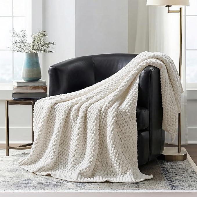 EVERGRACEHOME Chunky Chenille Knit Throw Blanket for Couch Soft Luxurious Moss Stitch Blankets for Bed Cozy Decorative Farmhouse Knitted Throws for Sofa Bright White 50 x 60