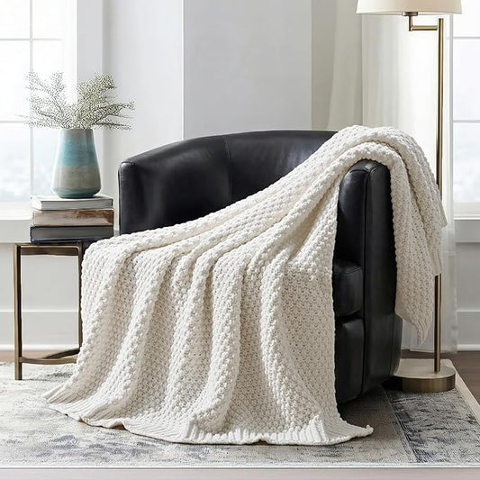 EVERGRACEHOME Chunky Chenille Knit Throw Blanket for Couch Soft Luxurious Moss Stitch Blankets for Bed Cozy Decorative Farmhouse Knitted Throws for Sofa Bright White 50 x 60