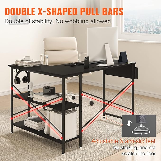 VEVOR L Shaped Computer Desk 47' Corner Desk with Storage Shelves Bag Phone Slot and Headphone Hook L Shaped Office Desk Gaming Desk for Home Office Workstation Black