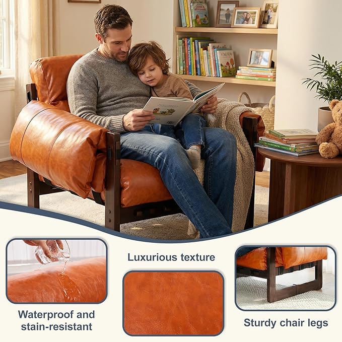 Mid Century Modern Accent Chair Leather Reading Chair with Solid Wood Frame and Removable Padded Armrests Upholstered Armchair for Living Room Balcony Lounge Reading Room Retro Orange