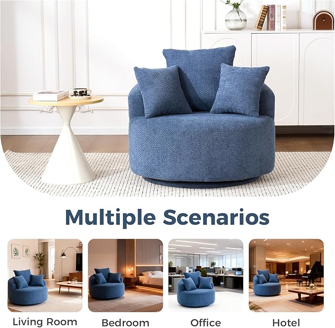 360°Swivel Accent Barrel Chair - 38.6W Boneless Oversized Upholstered with 3 Removable Pillows High-Resilience Sponge &amp Tuck Stitch Fabric Comfy Round Sofa Chair for Living Room Bedroom Apartm