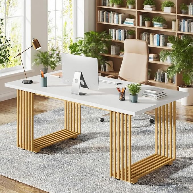 70.9-Inch Modern Office Desk White Wooden Executive Computer Table with Gold Metal Legs Large Home Office Workstation for Study or Small Conference Room