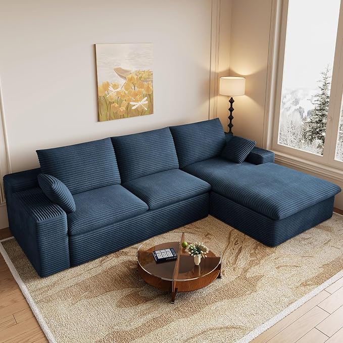 107 Cloud Couch Modular Sectional Couchs with Chaise Lounge L-Shape Boneless Couches for Living Room Corduroy Sofa with Deep Seat No Assembly Required (Blue Right Facing Chaise)