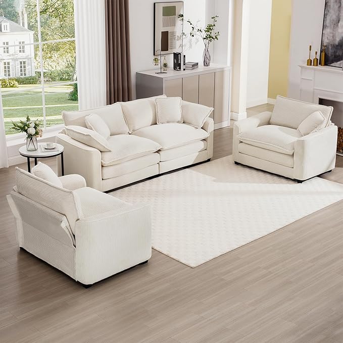 mikibama Luxury 3 Piece Sofa Set Loveseat Couch &amp 2 Single Sofa Set Modern Corduroy Comfy Cloud Couches Set for Living Room Office with 2 Armrest Pillows and 4 Toss Pillows Beige