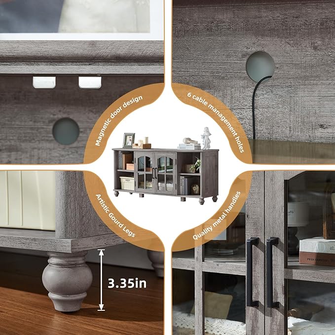 Farmhouse TV Stand for 60 Inch TV Wood Entertainment Center with Adjustable Shelves &amp Glass Door Storage CabinetTelevision Stands for 65 TVSTV Console Table for Living RoomBedroomGrey