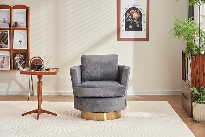 Velvet Swivel Barrel Chair Swivel Accent Chairs Armchair for Living Room Reading Chairs for Bedroom Comfy Round Barrel Chairs with Gold Stainless Steel Base (Grey)