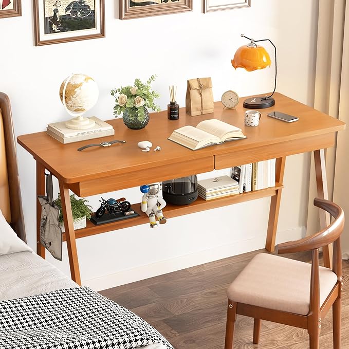 100% Solid Wood Writing Desk - 47.2 Mid Century Modern Desk Home Office Desks with 2 Drawers and Storage Shelf Small Computer Desks Study Makeup Workstation for Bedroom/Living Room Walnut