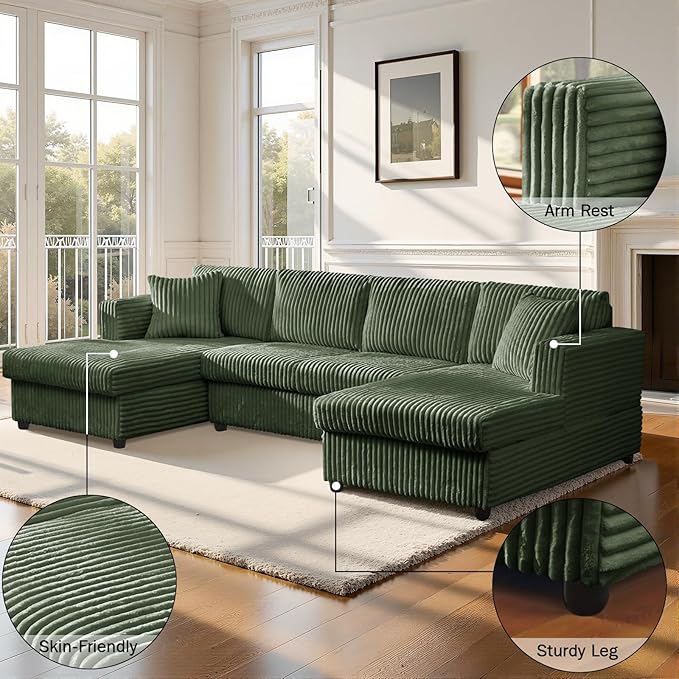 123 U-Shaped Modular sectional Sofa Two L-Shape Chaise with 2 Cloud Couch sectional with Two Pillows couches for Living Room(Green)