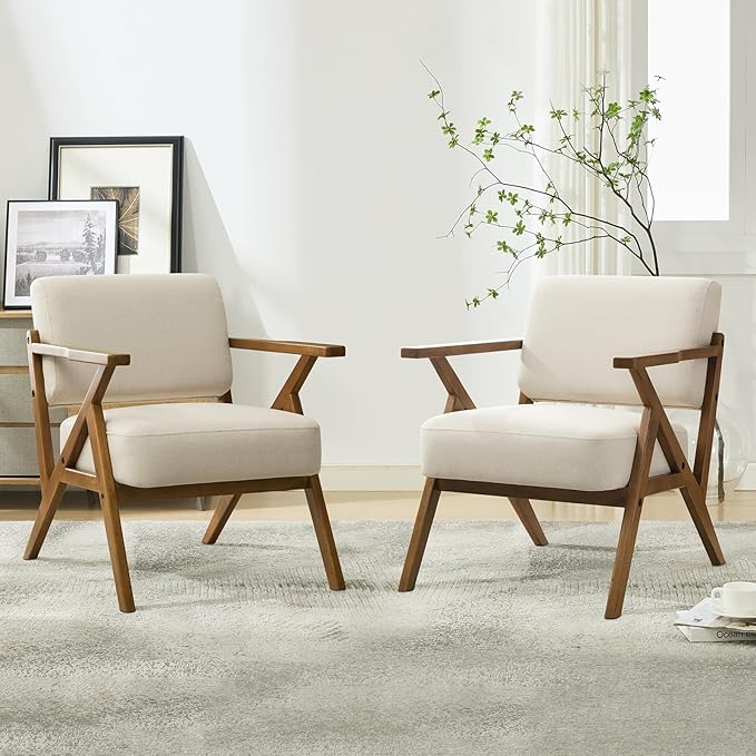 Mid Century Modern Accent Chair Set of 2 Linen Upholstered Boho Armchairs for Living Room Wood Frame Leisure Chair for Bedroom/Balcony/Hotel/CaféBeige