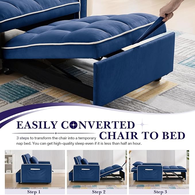 Antetek Convertible Sleeper Chair Bed 3 in 1 Modern Velvet Pull Out Sofa Bed Small Tufted Single Sleeper Chair with Adjustable Backrest/Pillow for Living Room Small Spaces Apartment Office Blue