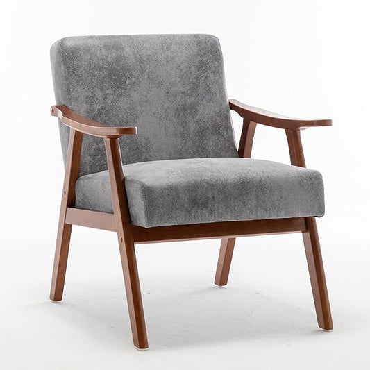 Mid-Century Accent Chair Upholstered Fabric Living Room Chair with Solid Wood Frame Modern Small Side Arm Chairs Comfy Wingback Reading Chair for Bedroom Office (Grey)