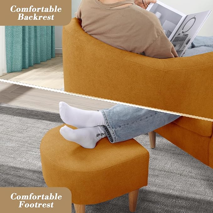 Athena Collection Modern Accent Chair with Ottoman Linen Barrel Sofa Chair Comfy Upholstered Armchair Reading Chair with Thickened Seat Cushion for Bedroom Living Room Yellow