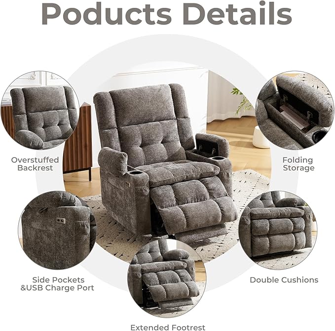 Power Lift Recliner Chair for Elderly with Massage and Heat Dual Motor Electric Lift Chair with Arm Storage Lay Flat Recliner for Big and Tall Infinite Position Gray
