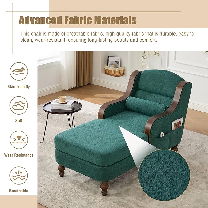 Upholstered Oversized Chaise Lounge Chair Solid Wood Frame Comfy Arm Chair with Thick Double-Layer Cushion Curved Armrests Modern Overstuffed Sleeper Recliner for Bedroom Living Room(Emerald Green)