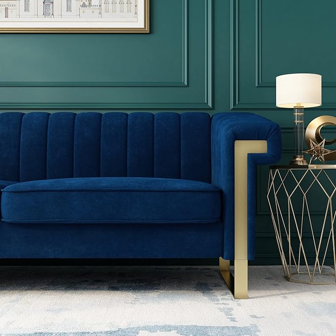 83'' Blue Velvet Couch Sofa Mid-Century Modern Love Seat Chesterfield 3 Seat Couches Sofa for Living Room Apartment (Blue)