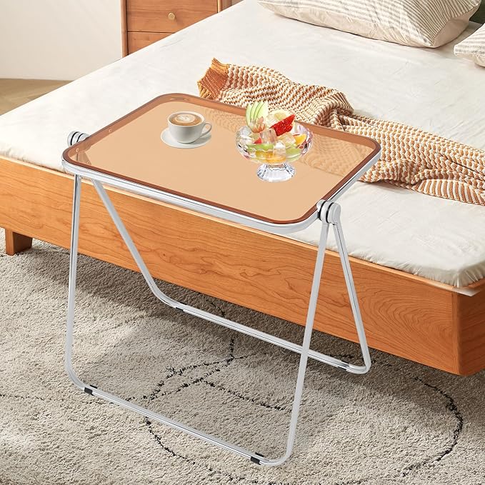 Folding TV Tray Table Acrylic Foldable Desk No Assembly Required Mini Folding Desk for Home Office Living Room Bed Room Outdoor (Silver + Clear + Tan)