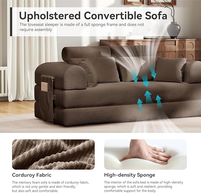 79'' Upgrade High Backrest Sofa Bed with Fixed Frame Removable Armrests &amp Backrest Corduroy Fabric Convertible Couch for Small Spaces No Assembly Needed (High Backrest Brown)
