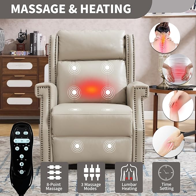 KEIKI Oversized Recliner Chair Manual Leather Recliner Chair with 8 Vibration Nodes Back Massager and Heating for Living Room Rocking Chair for Old Money Living Room Decor Beige