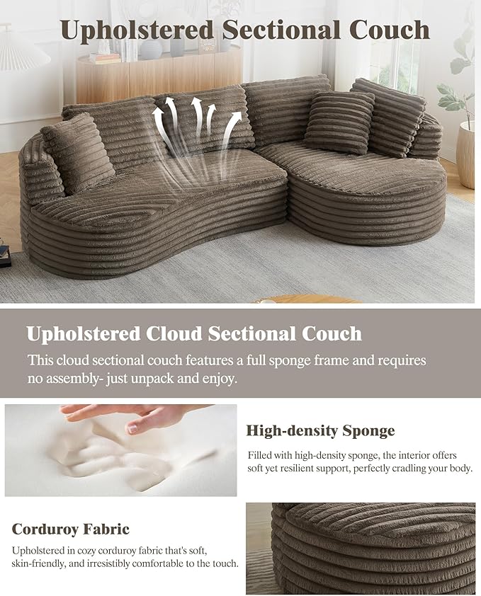 121 inch Boneless Cloud Modular Sectional Couch Wide Curved L Shaped Sofa with Chaise | Corduroy Fabric | Compressed Foam Sofa for Living Room | No Assembly Dark Brown